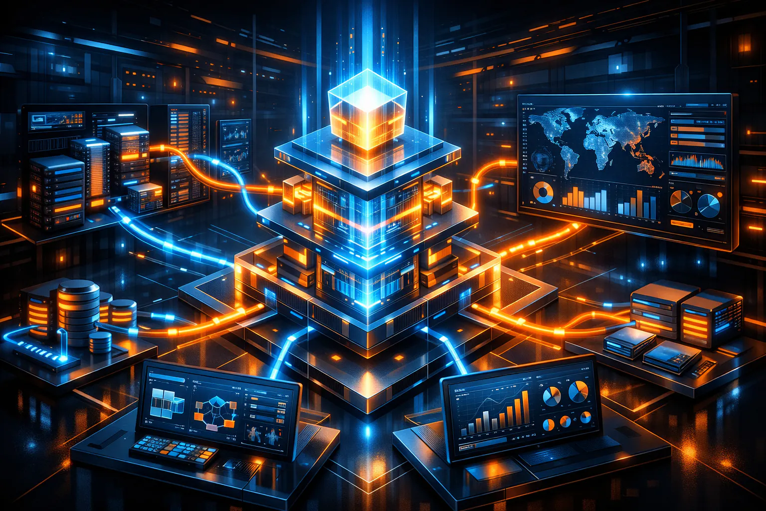 Futuristic enterprise software architecture visualization showing a central modular system connected via glowing data pipelines to multiple platforms, dashboards, and databases, representing governed integration and controlled system complexity.