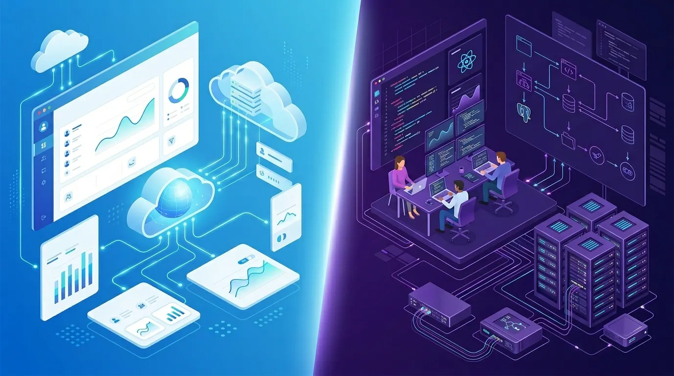 Split illustration showing SaaS cloud tools and dashboards on one side and custom software development with developers and servers on the other