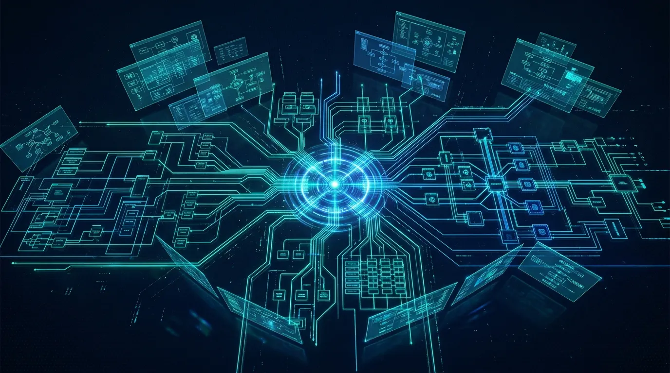 Glowing digital blueprint with central hub and radiating pathways representing software discovery phase planning and architecture mapping.