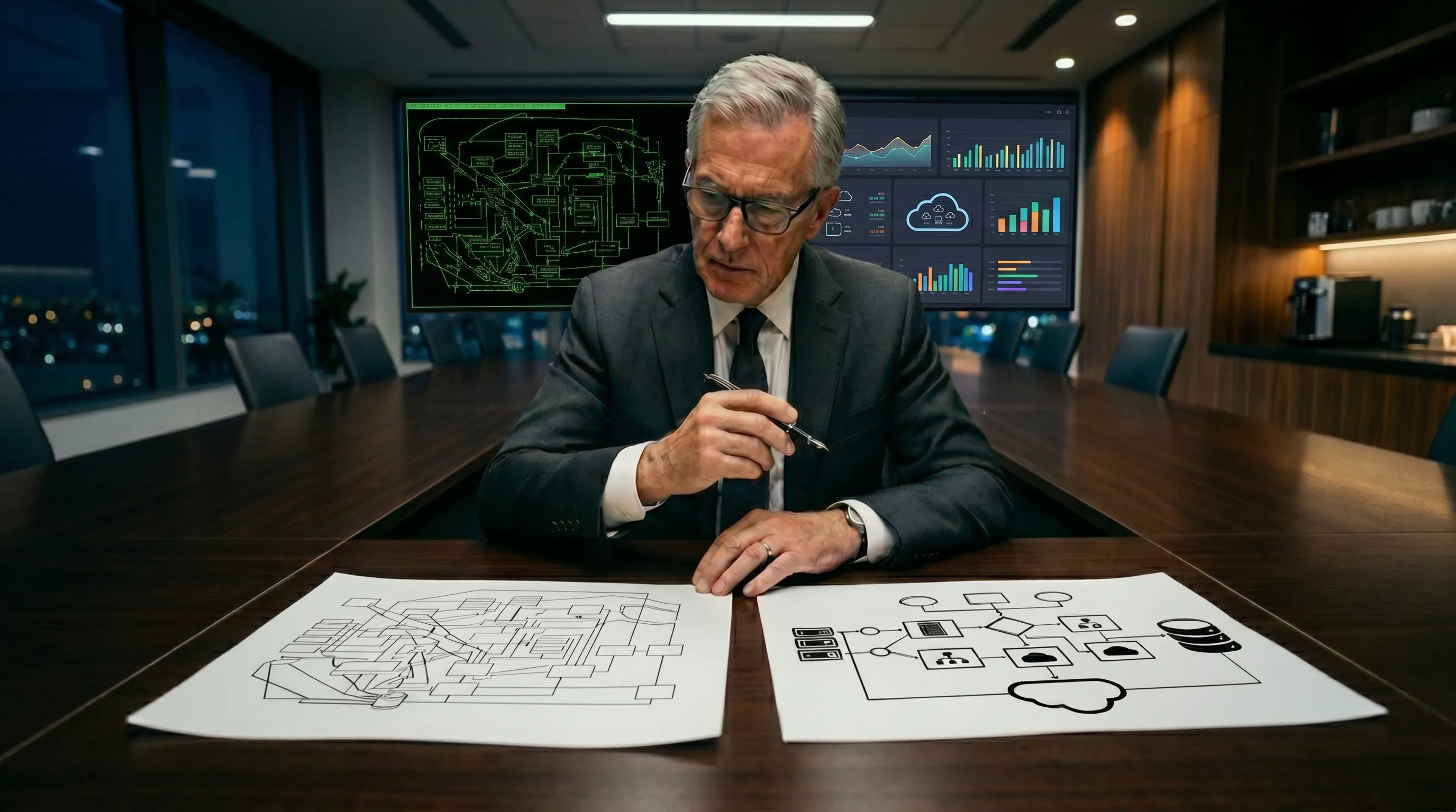 A senior IT executive reviewing two system architecture documents in a boardroom, with a split screen behind him showing a legacy system and a modern dashboard, representing the decision between legacy system modernisation and replacement.
