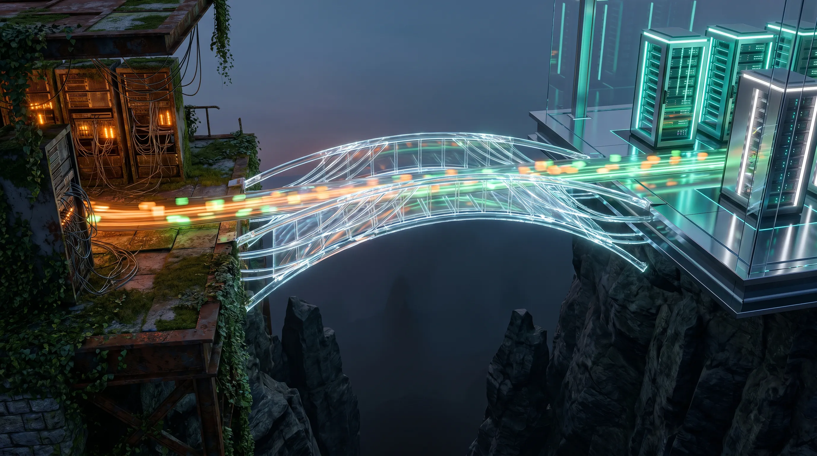 3D rendered glowing data bridge spanning a dark chasm between a deteriorating legacy server setup and a modern clean server platform, with data streams flowing smoothly across representing a controlled software vendor transition without business disruption