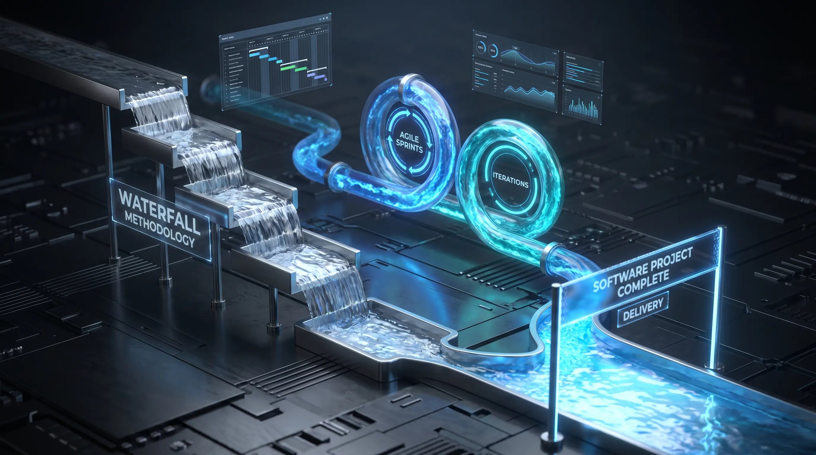 3D rendered illustration comparing Agile and Waterfall software development methodologies, showing cascading waterfall steps and glowing blue circular sprint loops converging toward a software project delivery endpoint, with holographic dashboards in the background