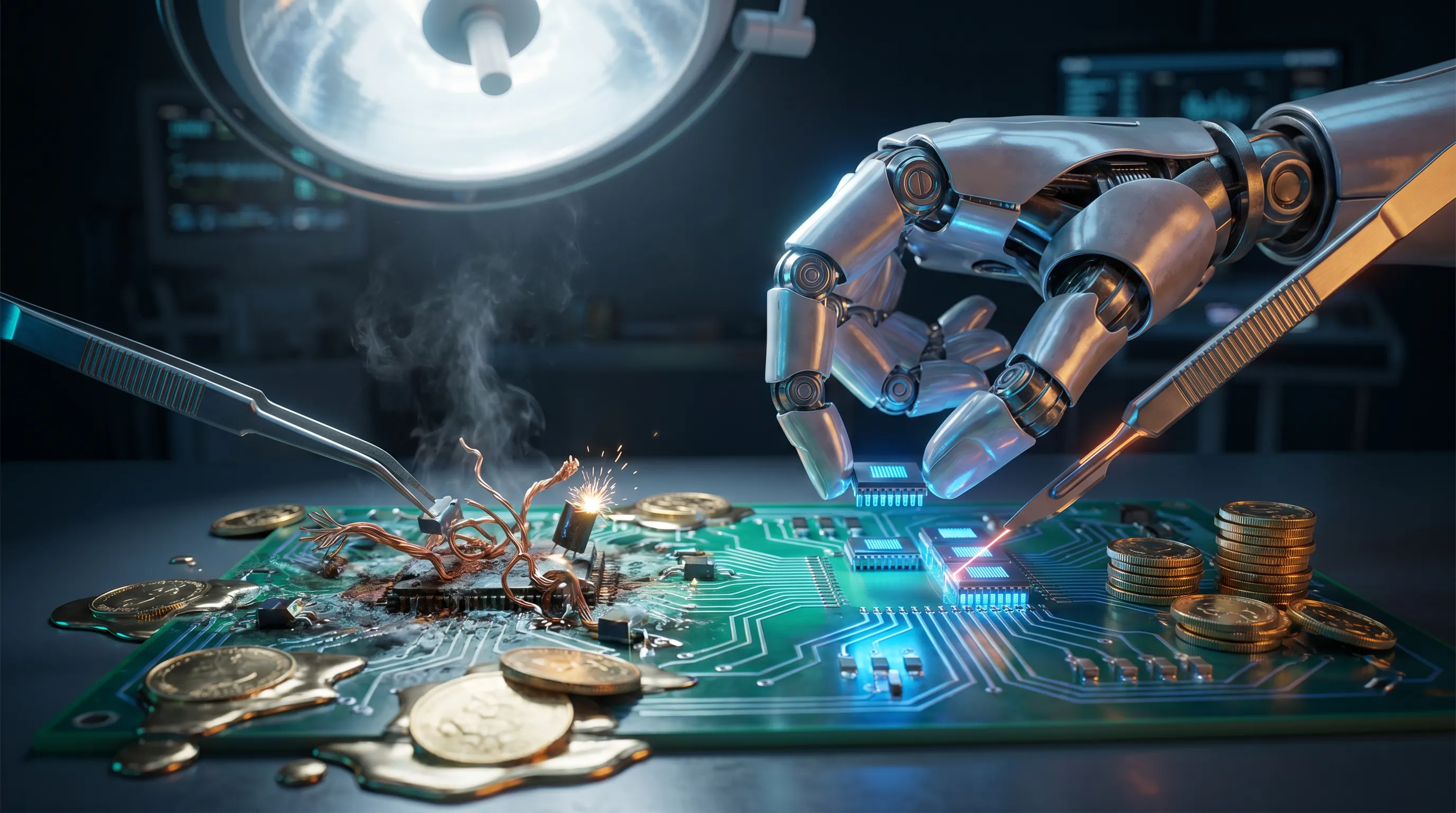 3D rendered robotic hand using surgical tools to repair a damaged circuit board, removing corroded components and replacing them with clean glowing chips, with gold coins symbolising cost savings from better software architecture