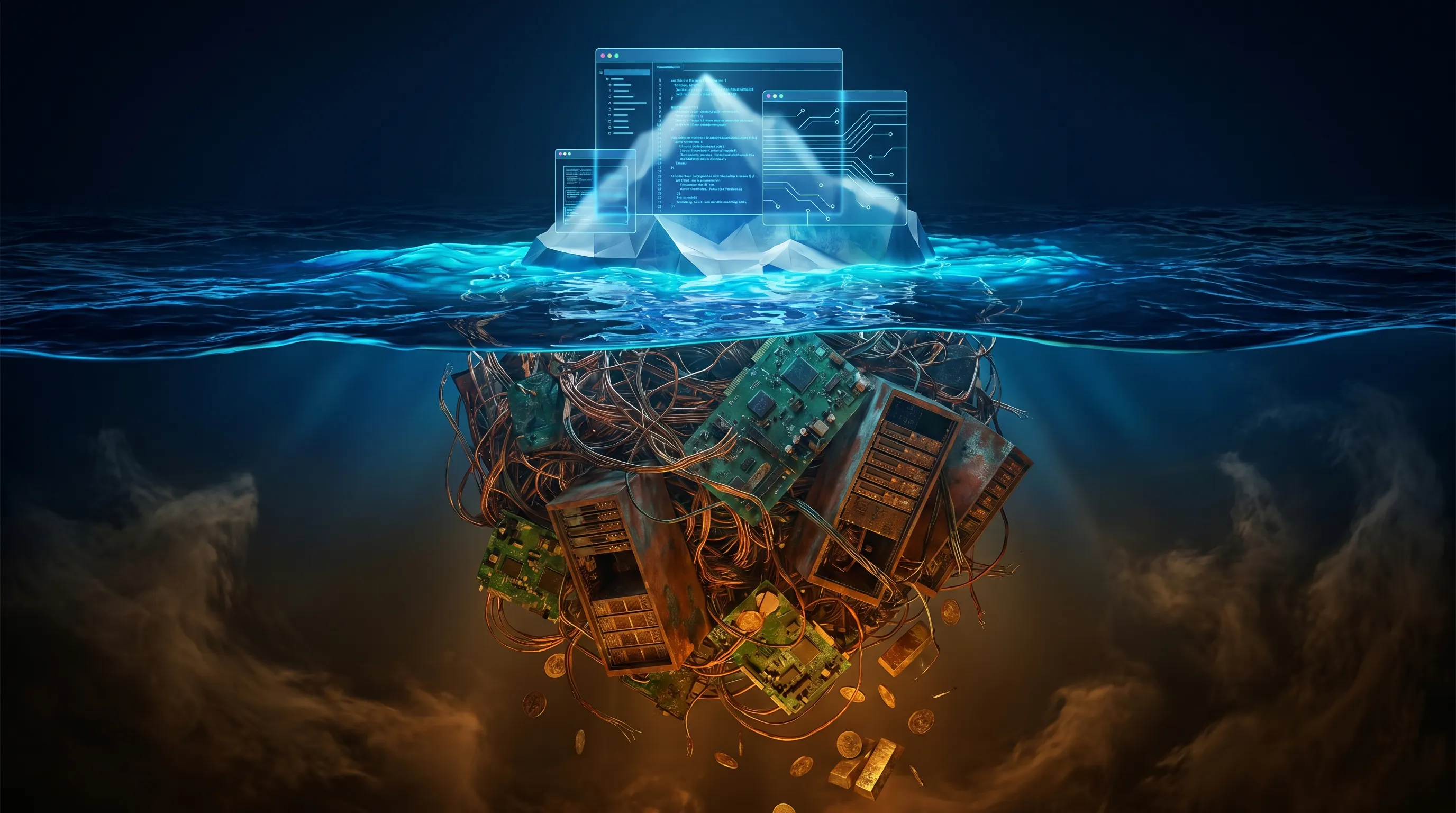 3D rendered digital iceberg with clean glowing software interfaces above the waterline and a massive tangled mass of corroded circuit boards, wiring, and sinking gold coins beneath the surface, representing the hidden costs of poor software architecture