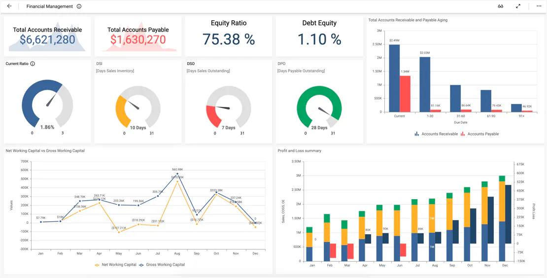 Financial management dashboard showing liquidity, working capital and profit and loss metrics