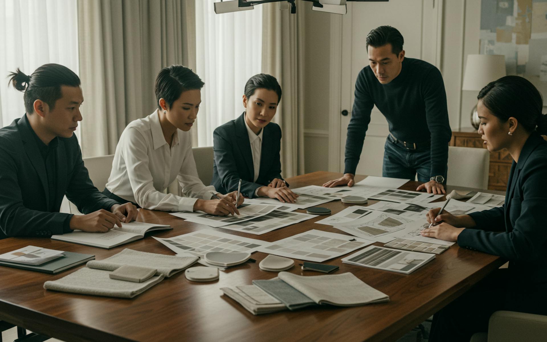 Interior design team from Ara Design advising a new business owner with design samples and visuals.