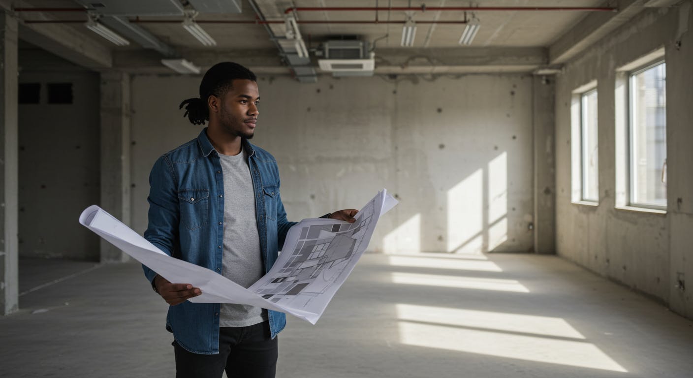 Entrepreneur planning the design of their first commercial space with blueprints and natural light.
