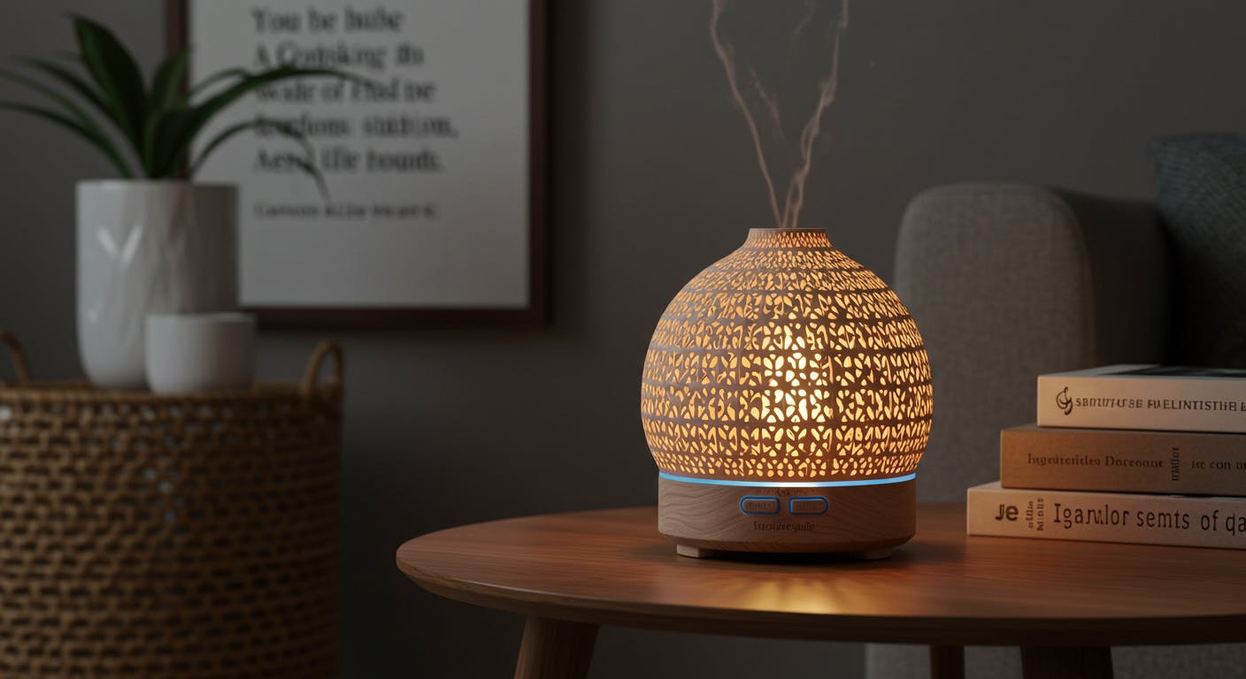 Interior details like aroma diffusers, phrases on walls and soft lighting creating a sensory-rich space.