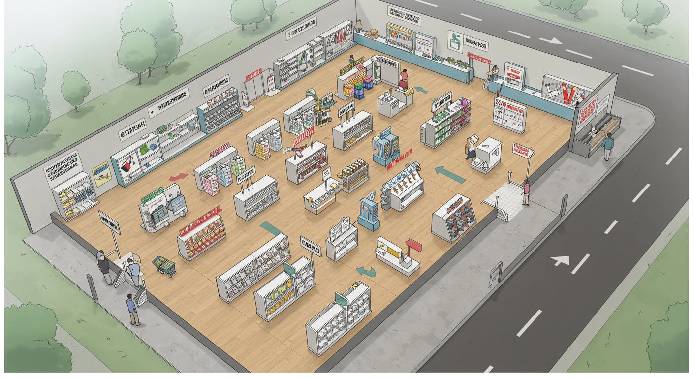Overhead view of a store layout showing strategic circulation paths and signage.
