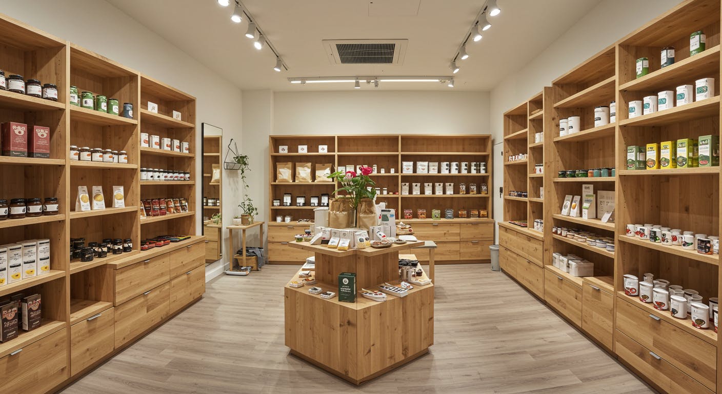 Well-chosen furniture in a small store that balances function, comfort, and style.