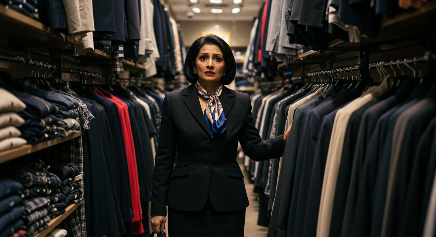 Frustrated customer navigating a poorly designed store layout with unclear circulation paths.