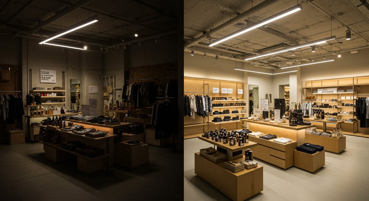 Side-by-side comparison of poorly and well-lit retail areas highlighting the importance of lighting design