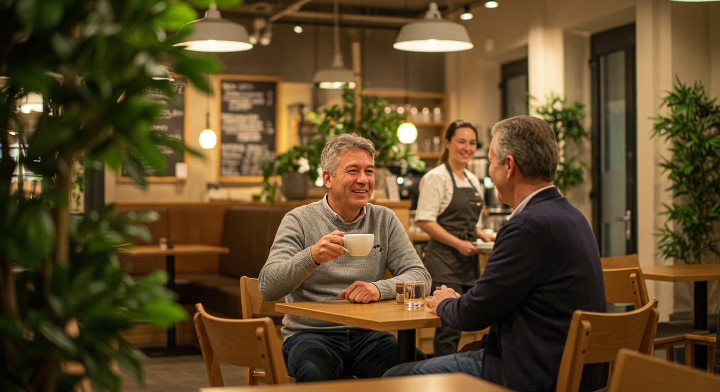 Happy customer enjoying a full sensory retail experience in a cosy, well-designed environment.