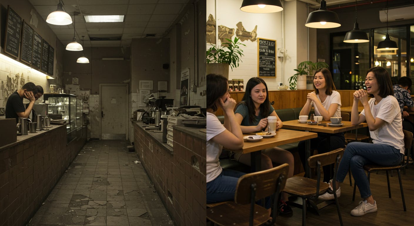 Worn-out materials and damaged surfaces in a coffe shop due to poor material choices.