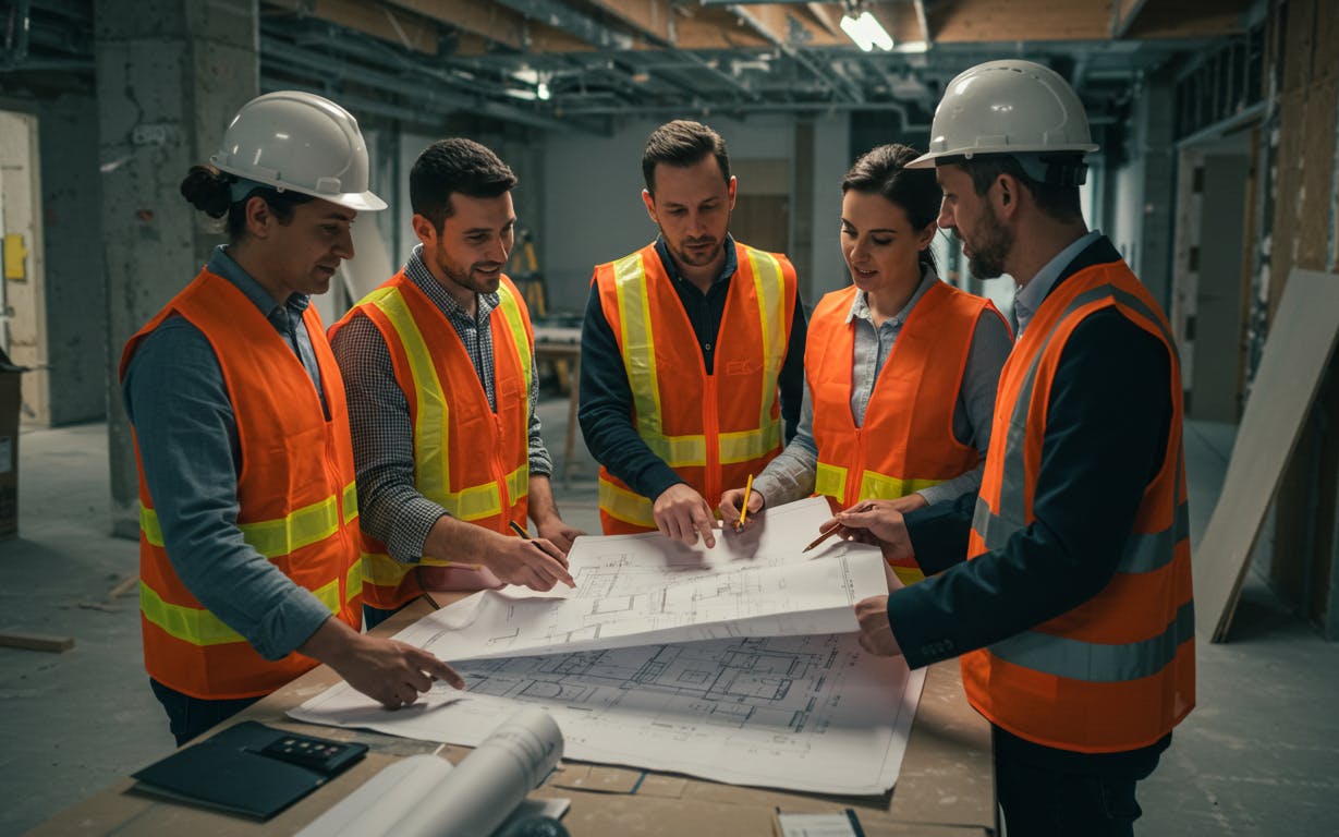 Design and architecture team on a commercial site, planning a compliant remodel.