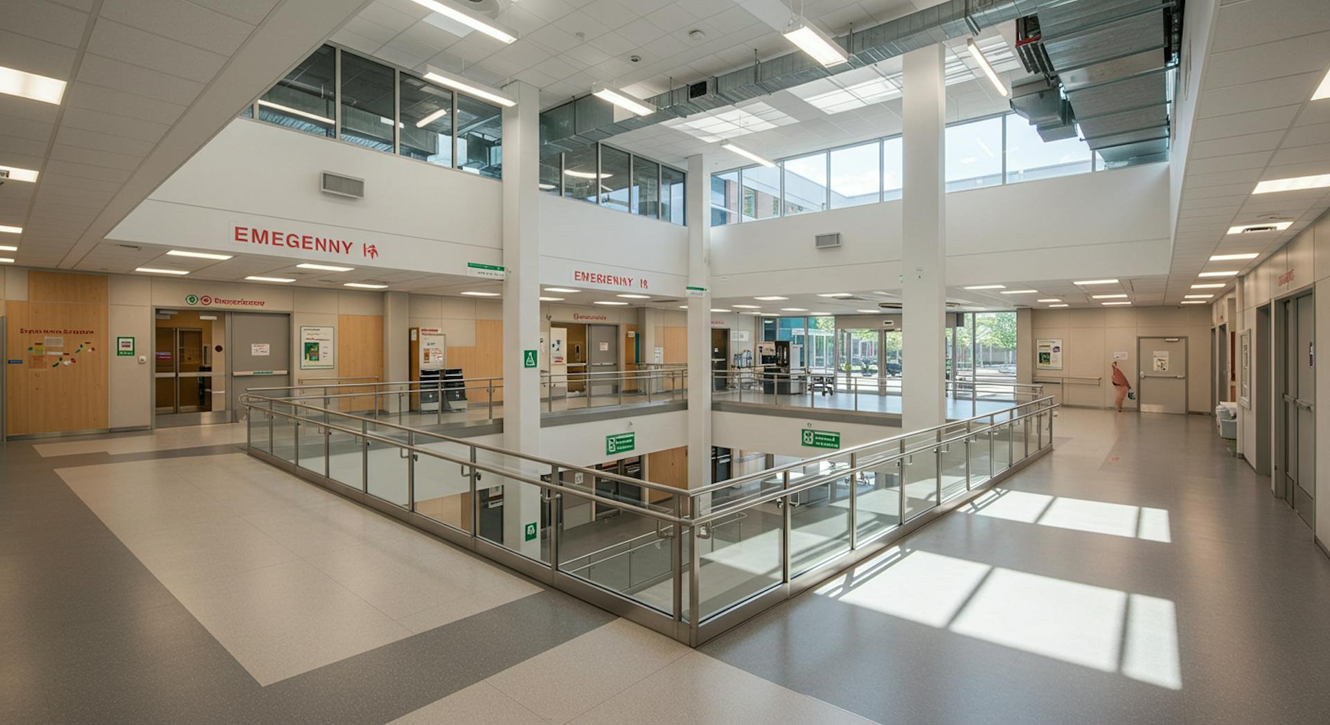 Modern retail or office space with accessibility features and safety signage.