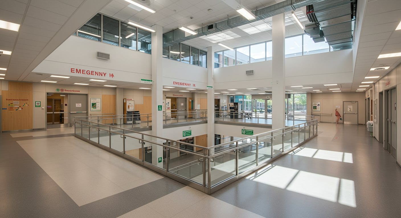 Modern retail or office space with accessibility features and safety signage.