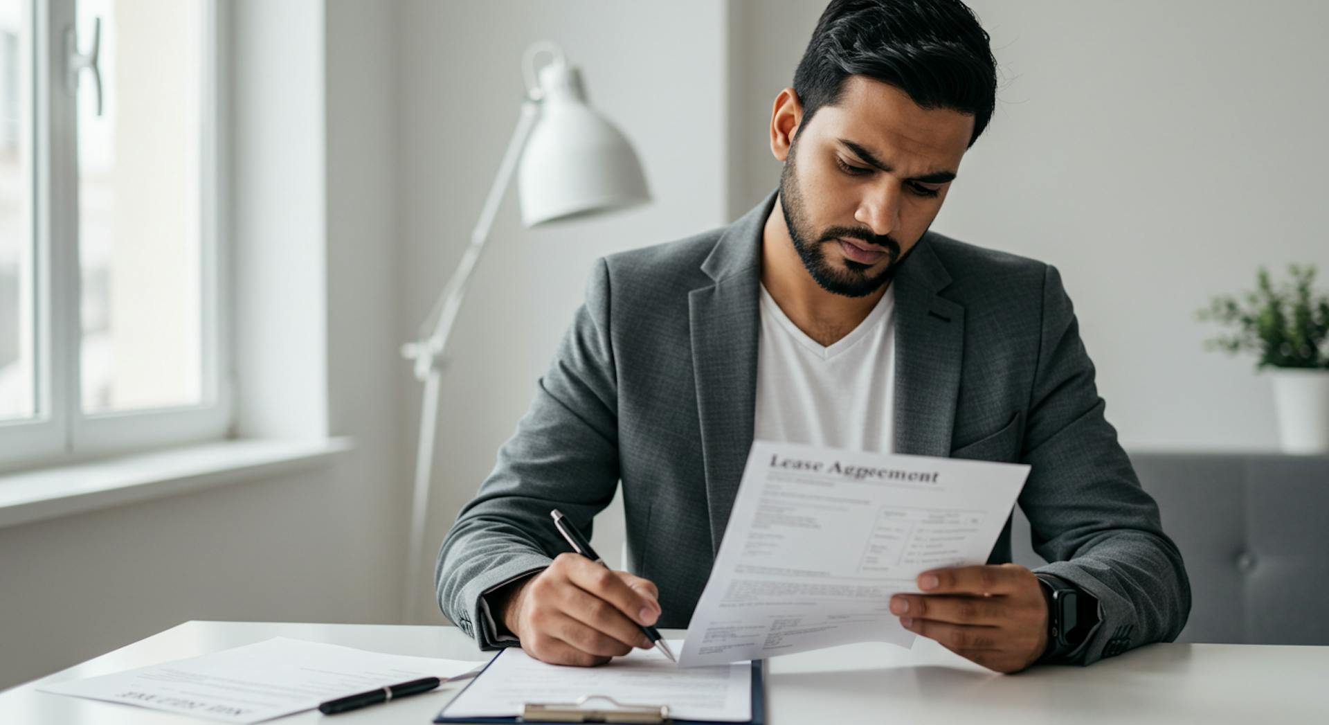 Entrepreneur reviewing a commercial lease agreement before starting renovations.