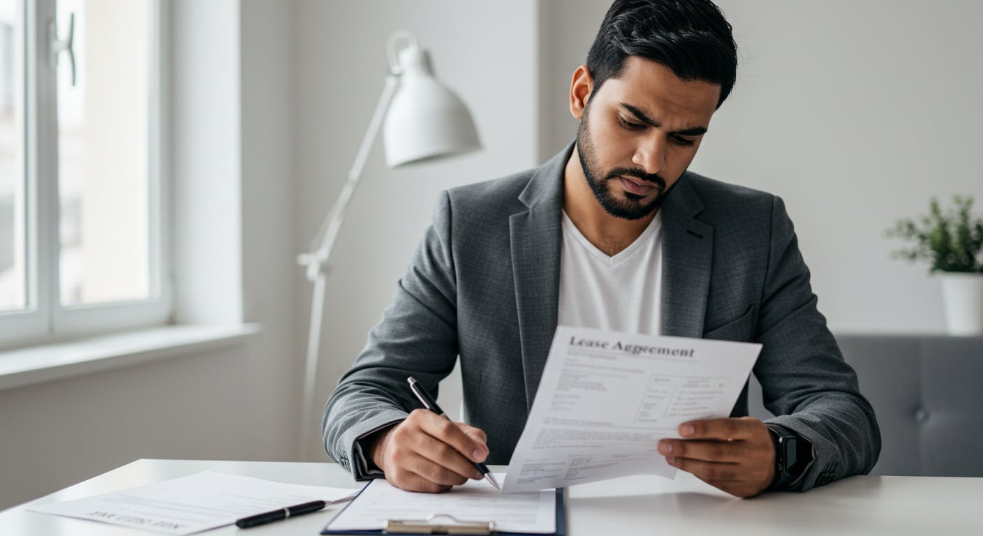Entrepreneur reviewing a commercial lease agreement before starting renovations.