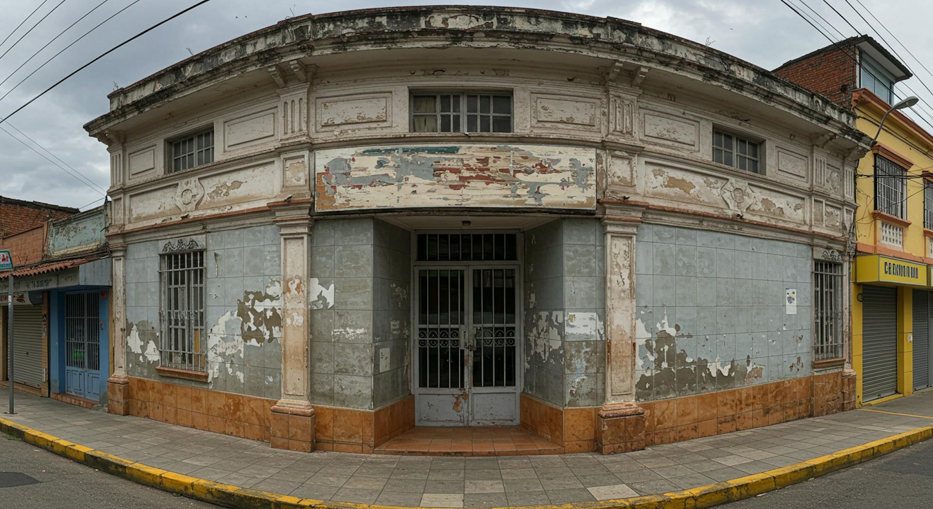 Commercial storefront in Colombia before renovation, with outdated signage and finishes.