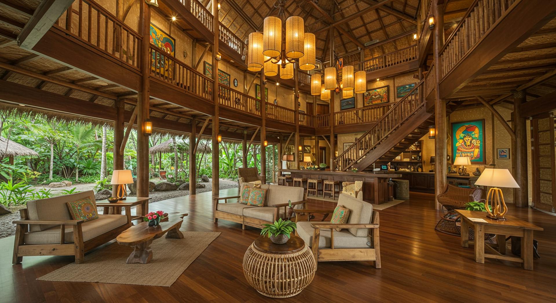 Eco-friendly hotel room featuring smart lighting, sustainable materials and elegant tech integration.