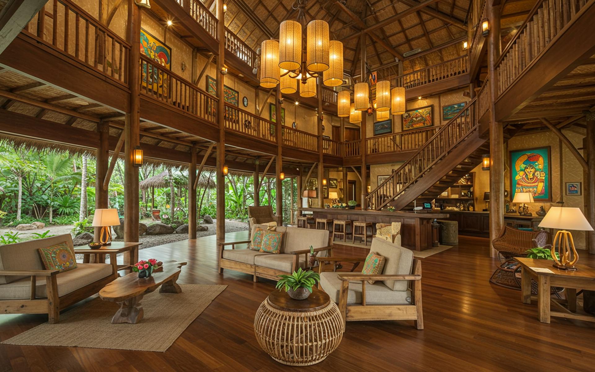 Eco-friendly hotel room featuring smart lighting, sustainable materials and elegant tech integration.