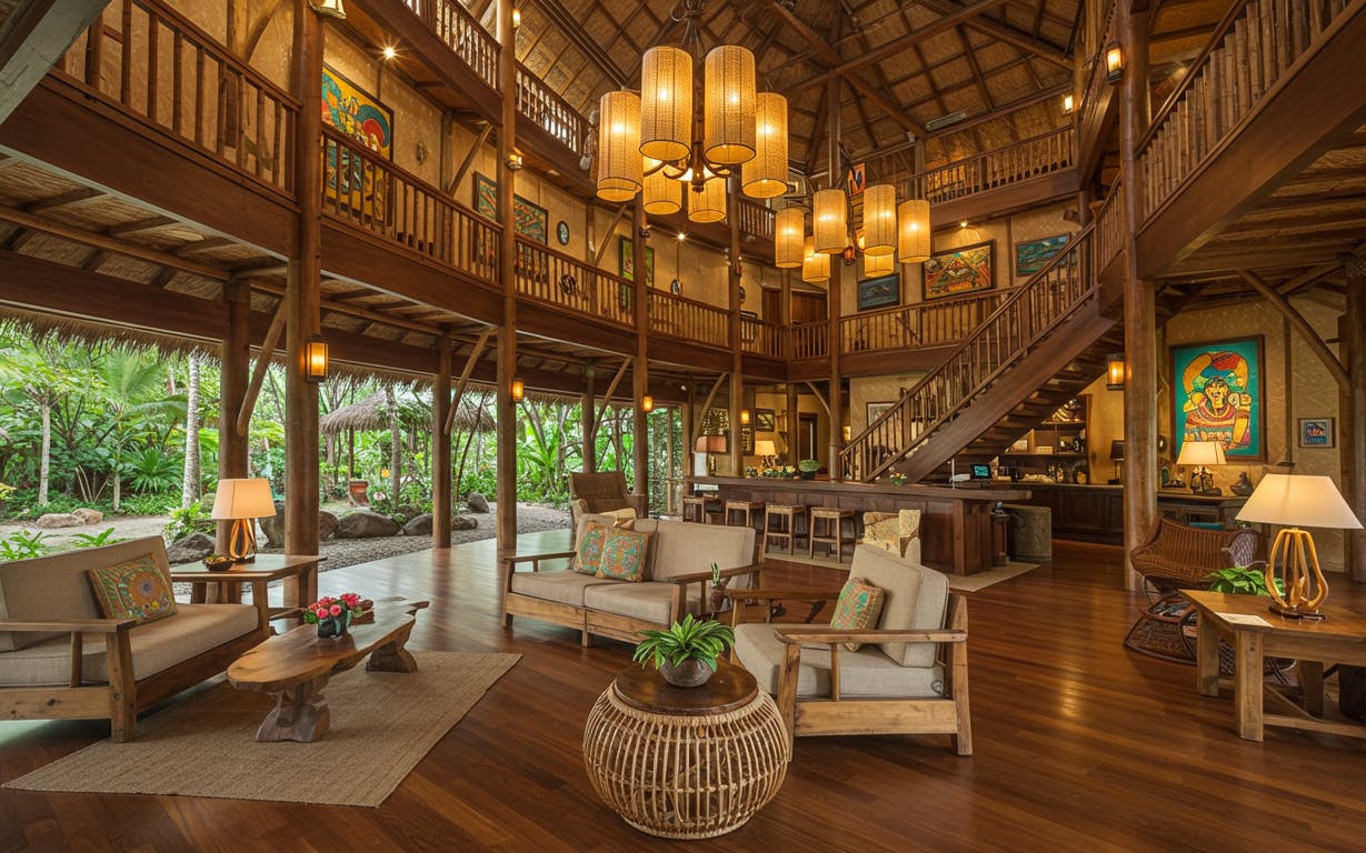 Eco-friendly hotel room featuring smart lighting, sustainable materials and elegant tech integration.