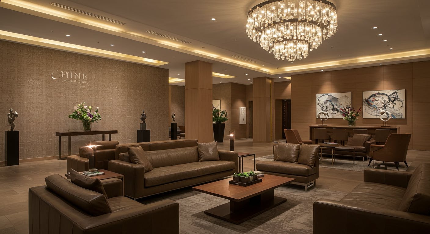 Hotel lobby with artistic furniture, branded accents, and immersive lighting creating a memorable first impression.