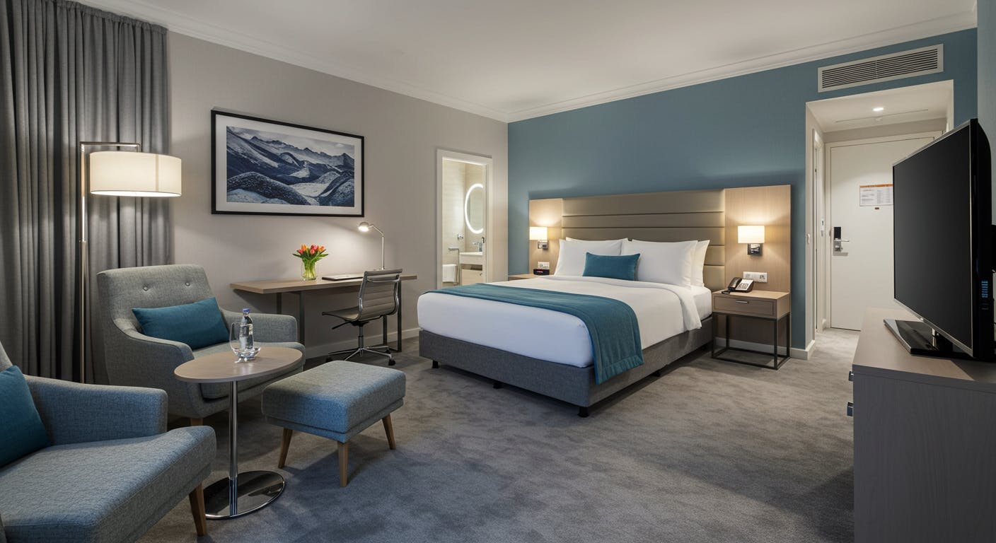 Modern hotel room optimised for relaxation with premium lighting, textures and intuitive tech.