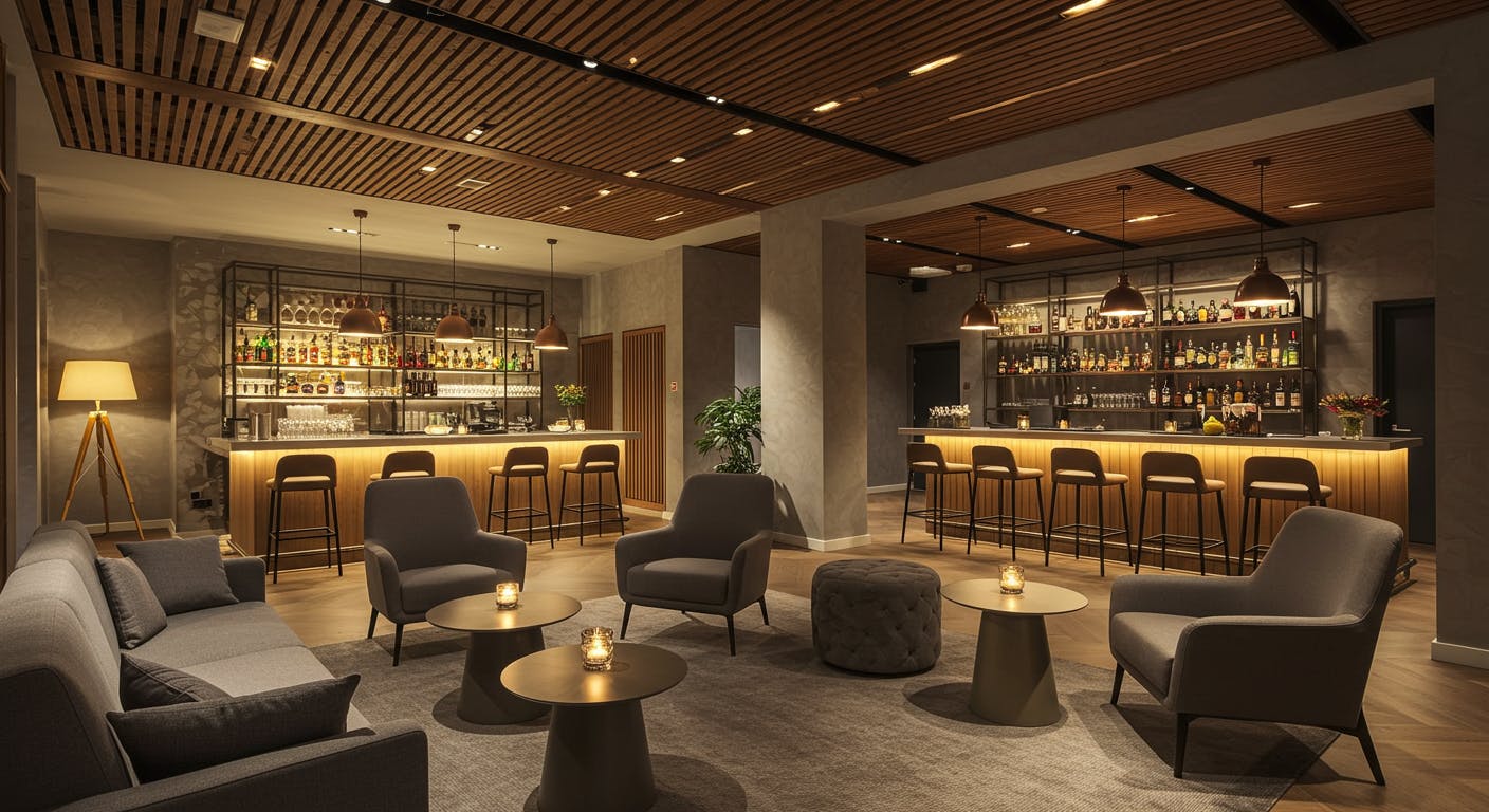 Multifunctional hotel space designed to foster connection – stylish lounge, bar and meeting areas.