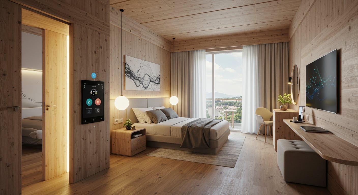 Eco-friendly hotel room featuring smart lighting, sustainable materials and elegant tech integration.