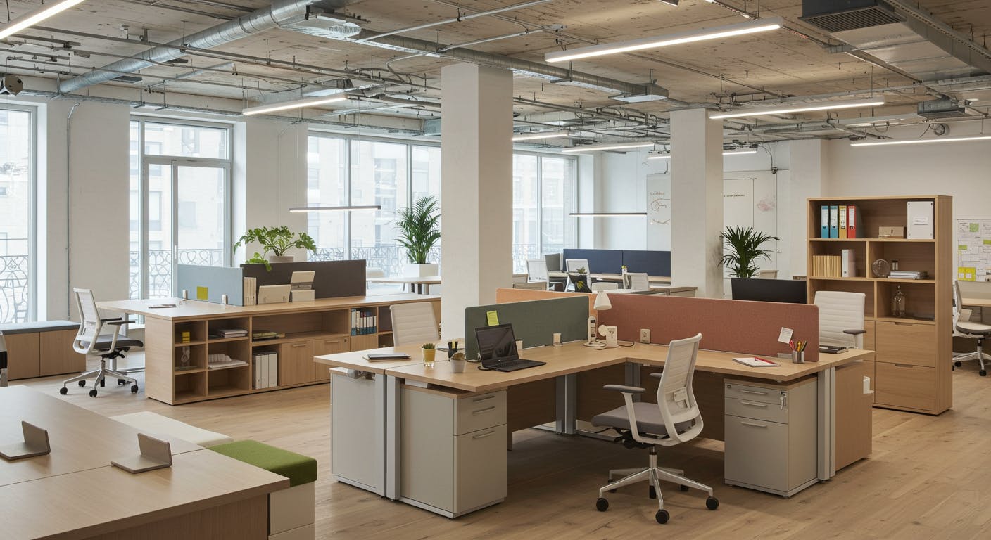 Modern commercial furniture using a mix of wood, metal, glass, and solid surfaces to enhance brand experience.