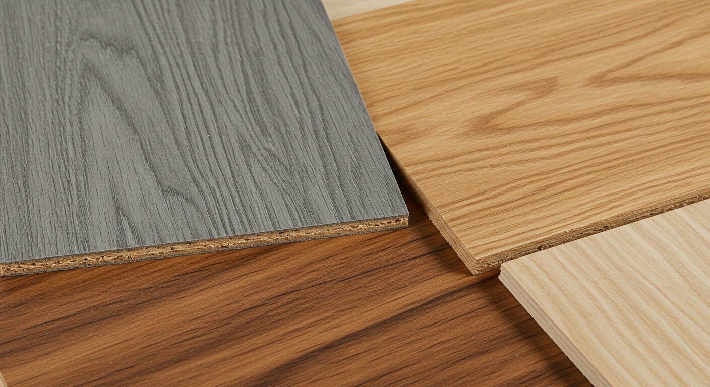 Samples of MDF, melamine, and natural woods like oak and walnut used for versatile commercial furniture.