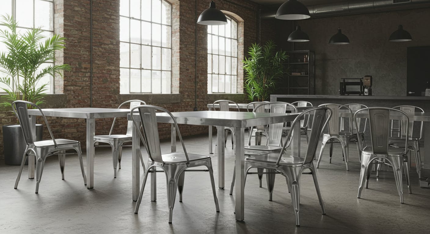 Commercial space with metal furniture – steel chairs, aluminium tables – showing durability and industrial style.