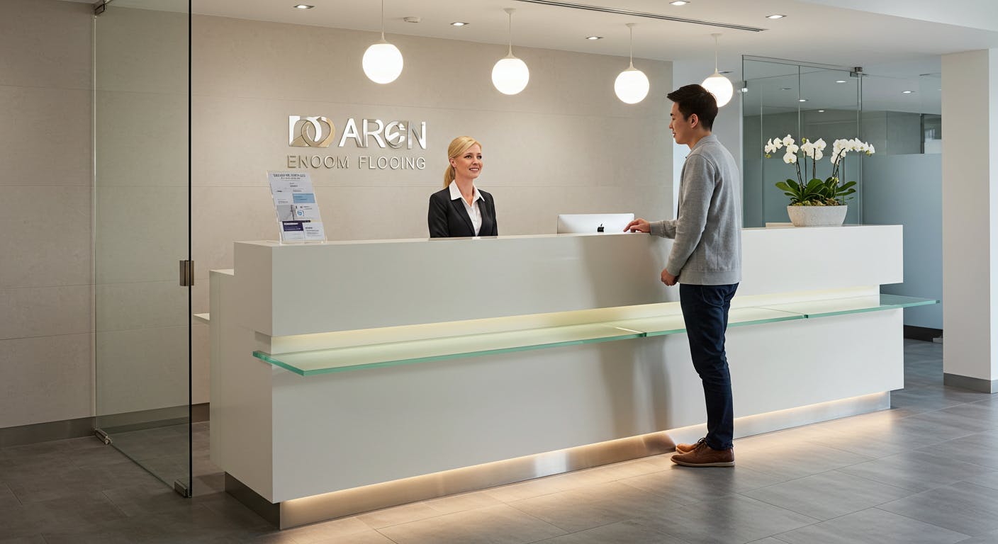 Reception or store counter made with tempered glass and quartz or Corian surfaces, elegant and easy to clean.