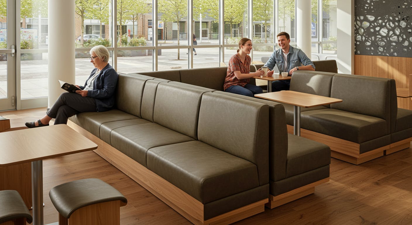 Seating in public or high-traffic areas with vinyl or stain-resistant fabrics for durability and comfort.