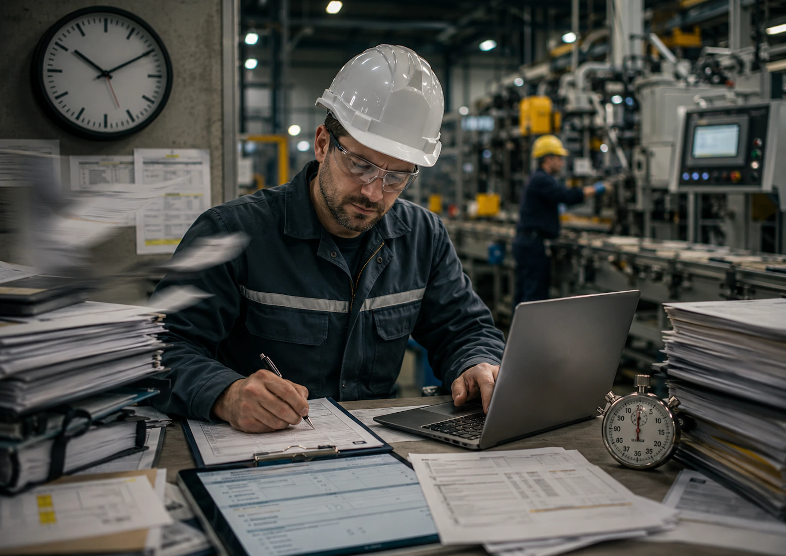 Technicien de maintenance rédigeant rapport