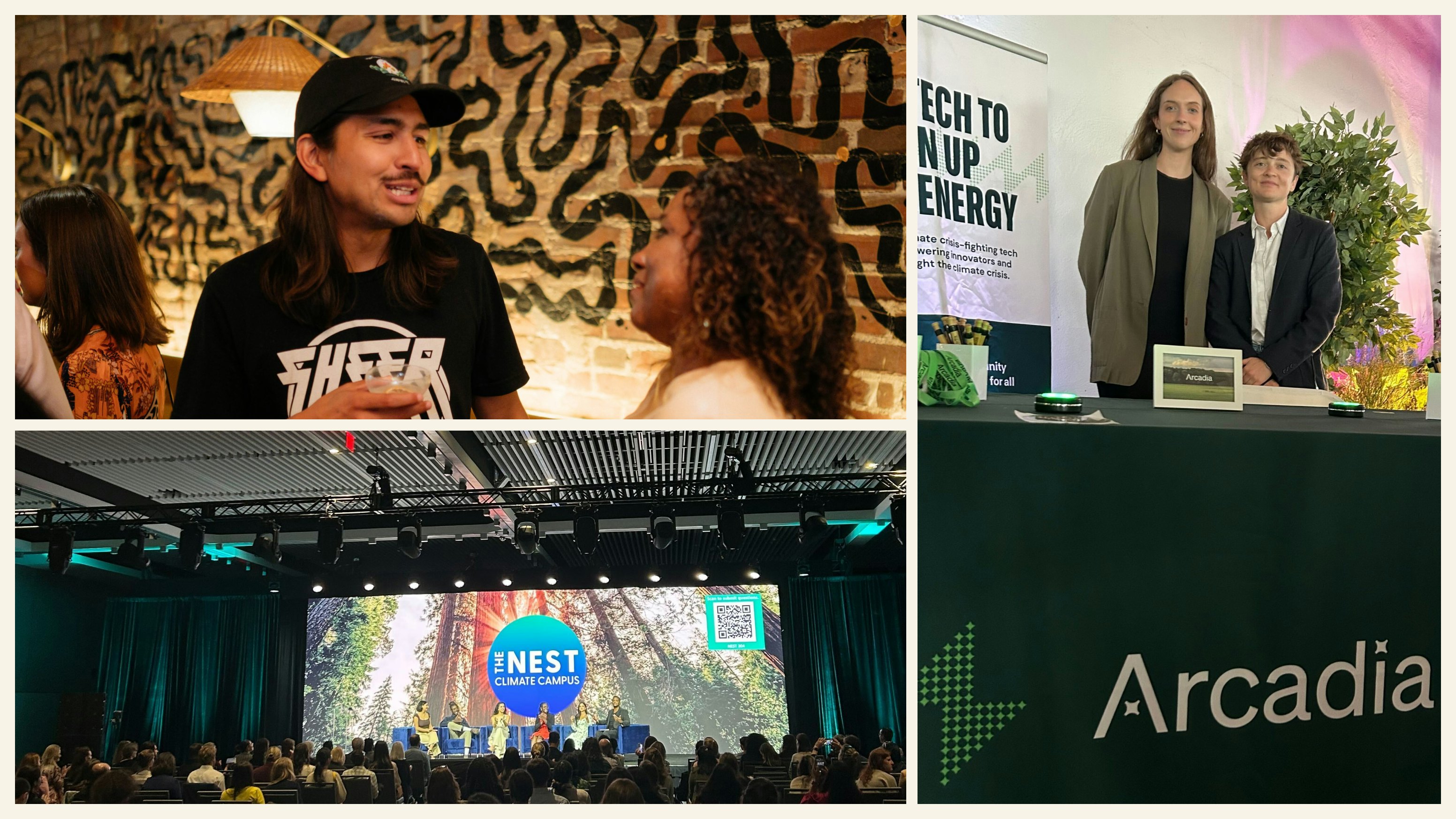 Clockwise, from top-left: That’s me at the Electric Happy Hour hosted by Canary Media and Rewiring America, my colleagues Helena Kilburn and Eleanor Parry at the Marketplace of the Future, and a mainstage session at The Nest Climate Campus.