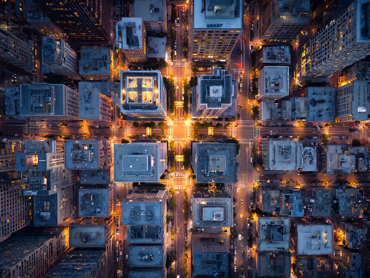 Top-down aerial view of city buildings and lit streets at dusk