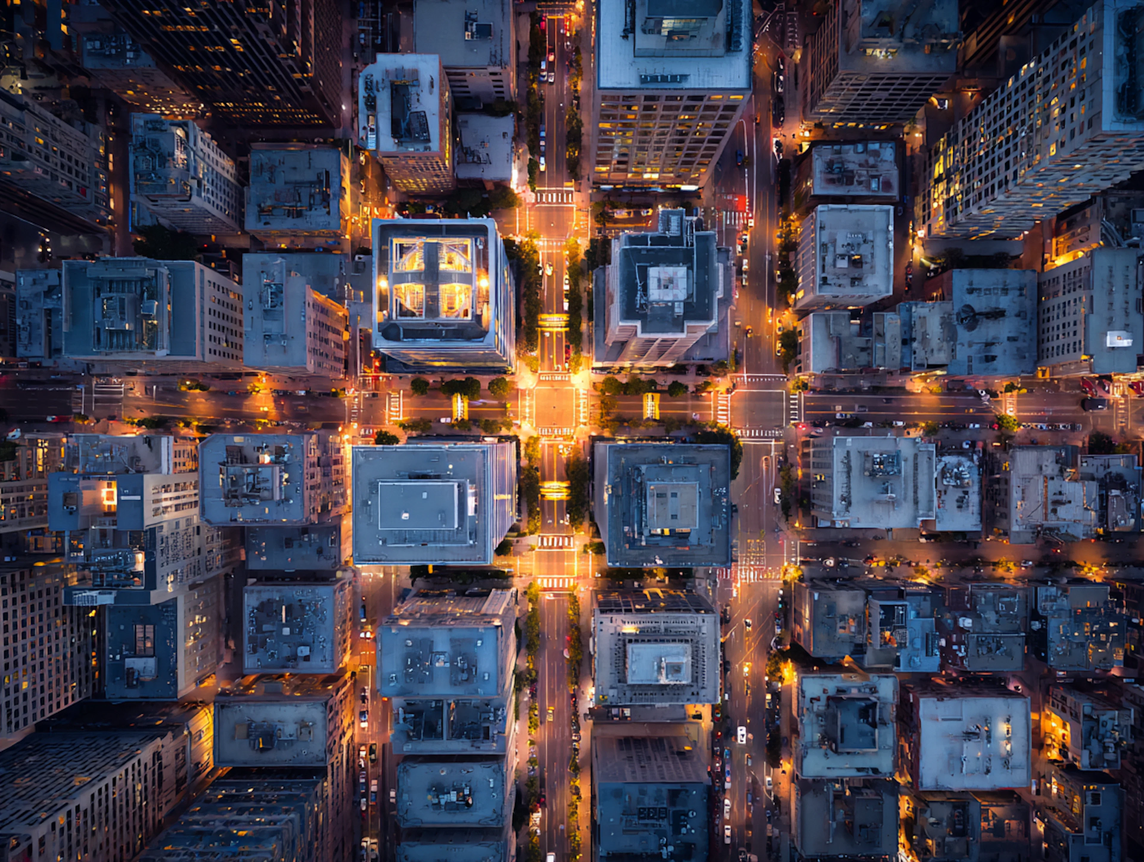 Top-down aerial view of city buildings and lit streets at dusk