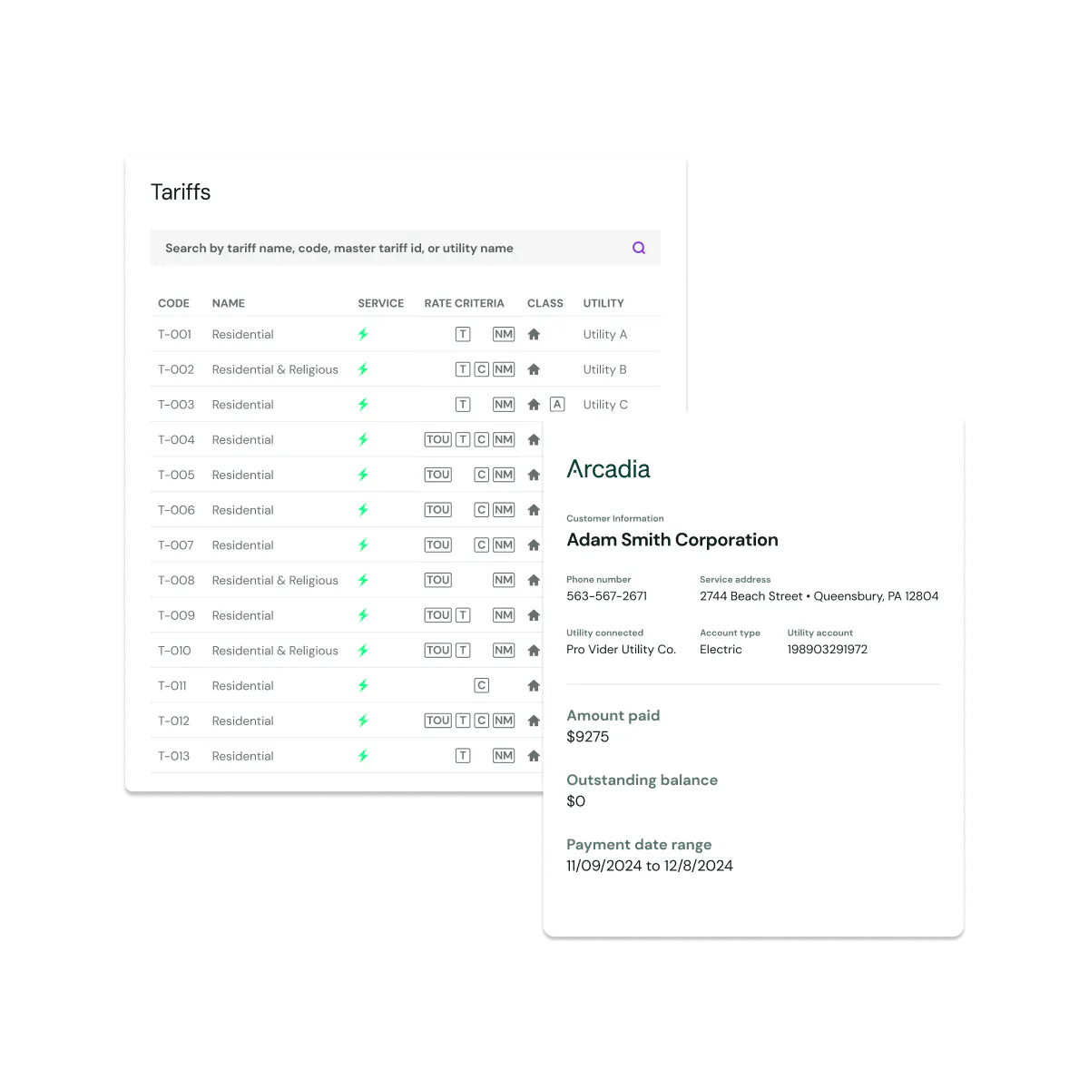 modal showing tariff and utility bill data