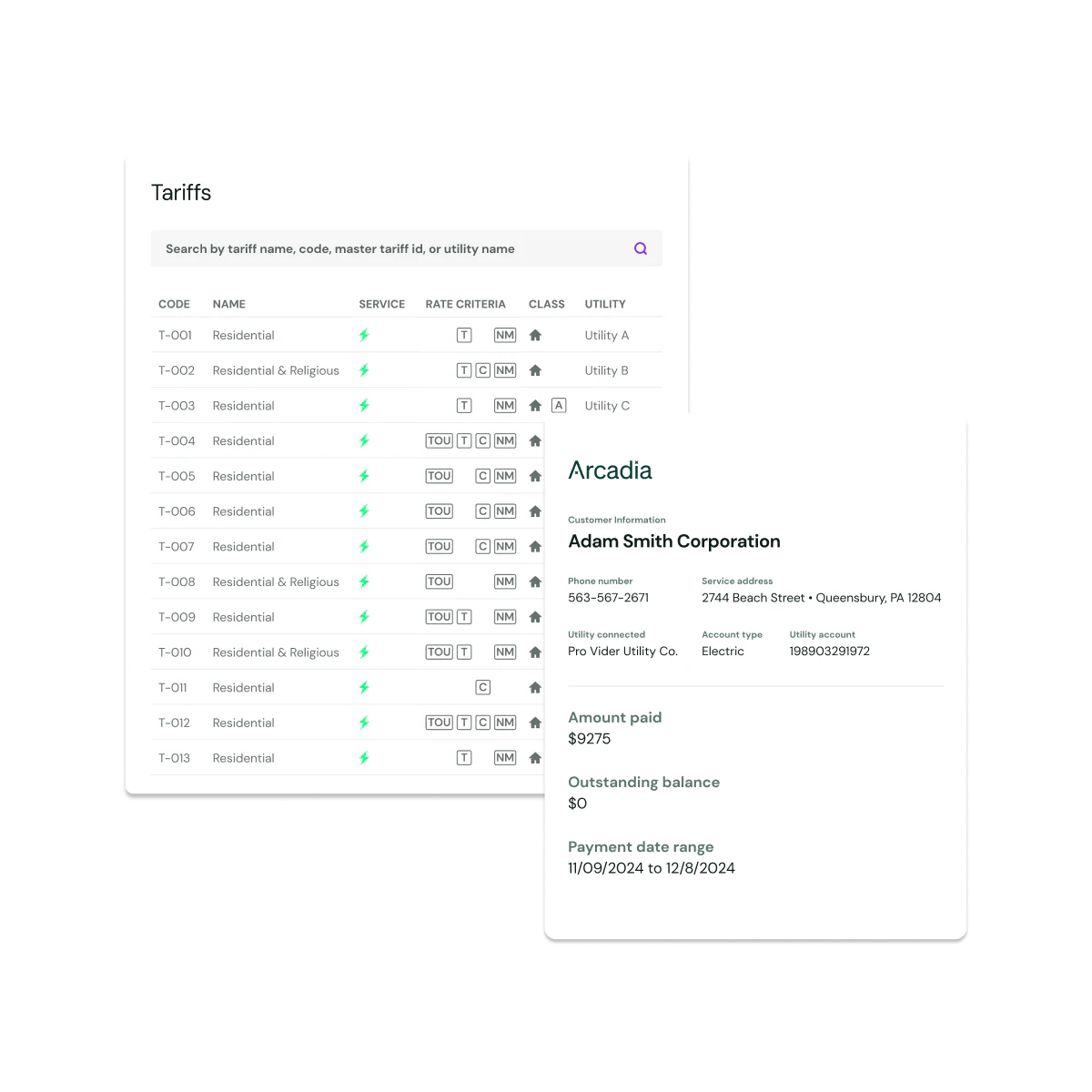 modal showing tariff and utility bill data
