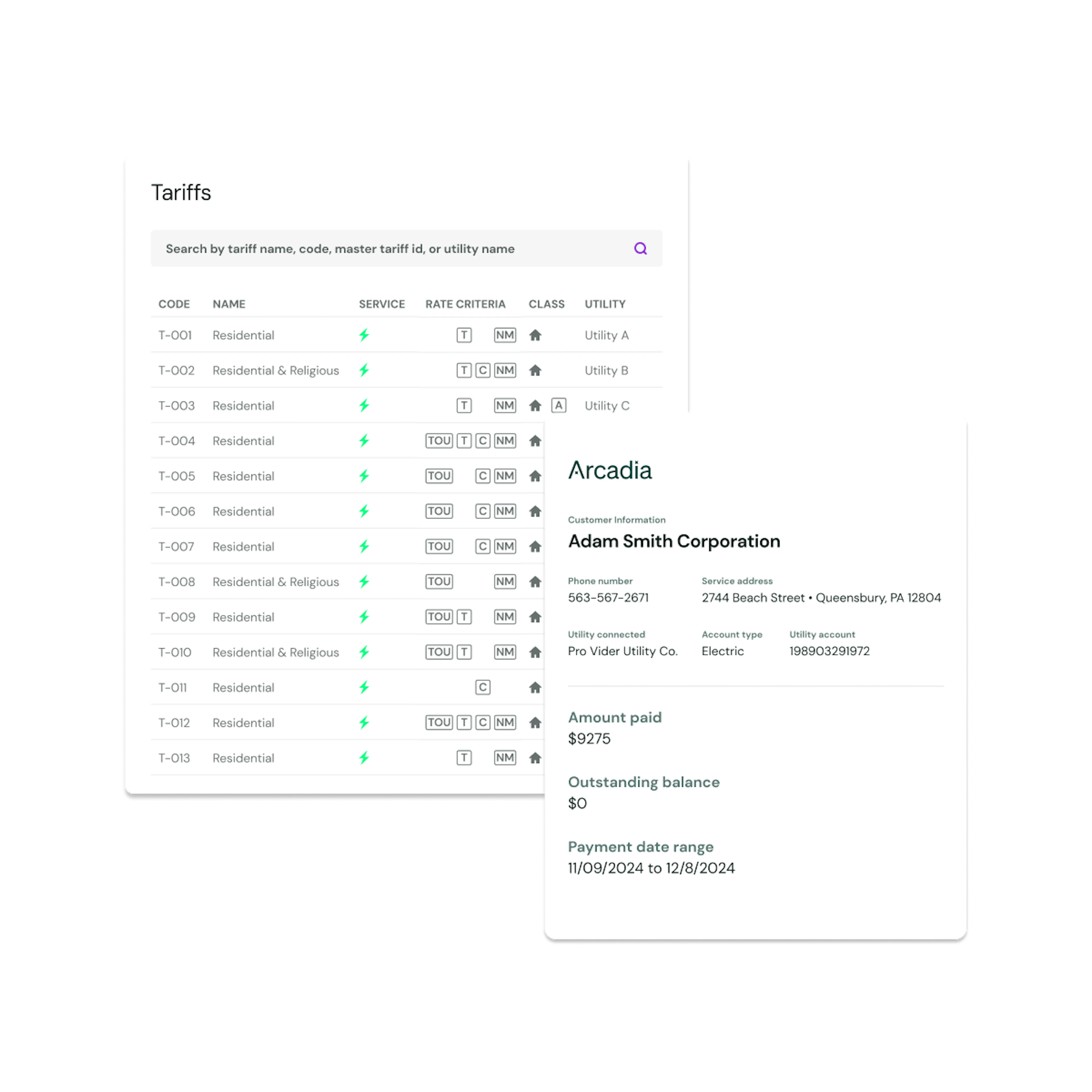 modal showing tariff and utility bill data