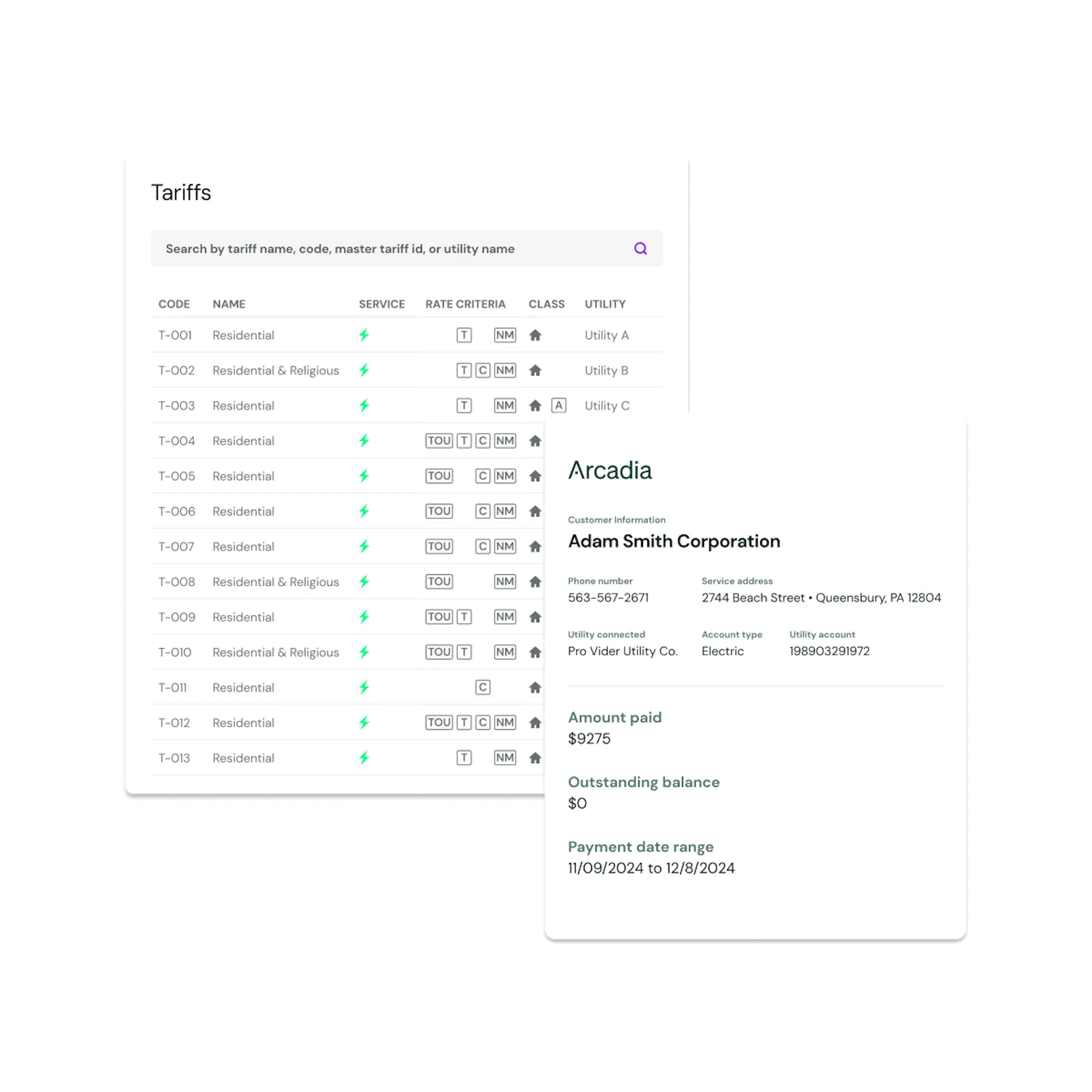 modal showing tariff and utility bill data