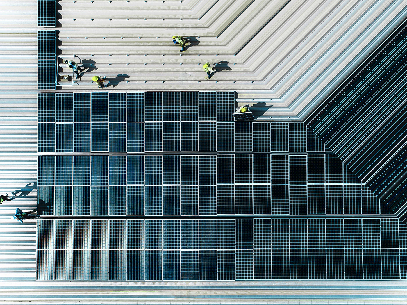Aerial view of solar panels renewable energy on roof installation
