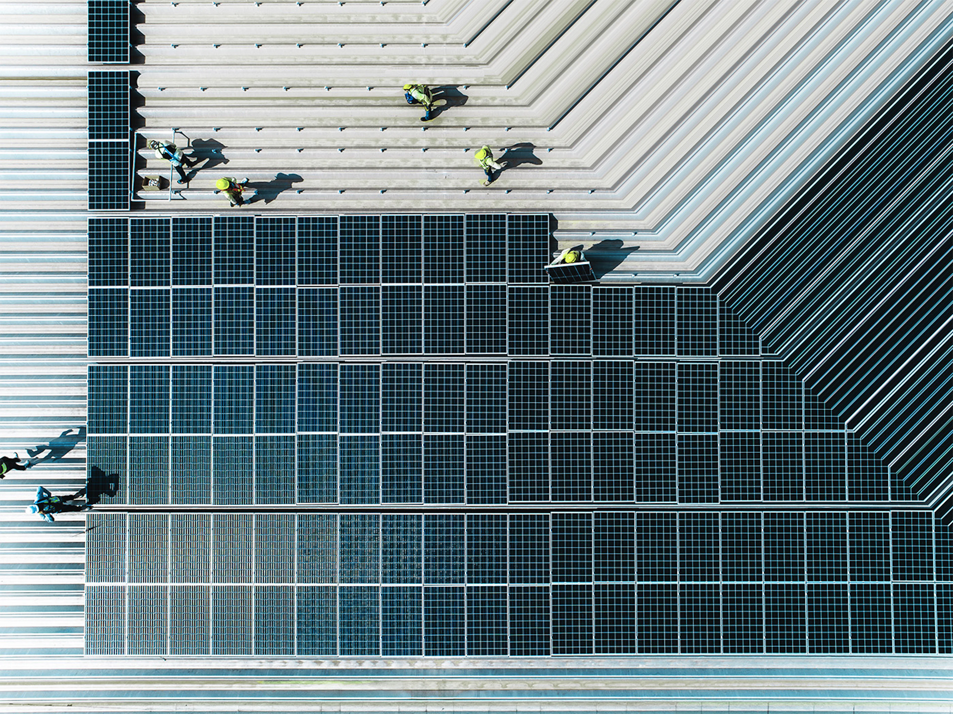 Aerial view of solar panels renewable energy on roof installation