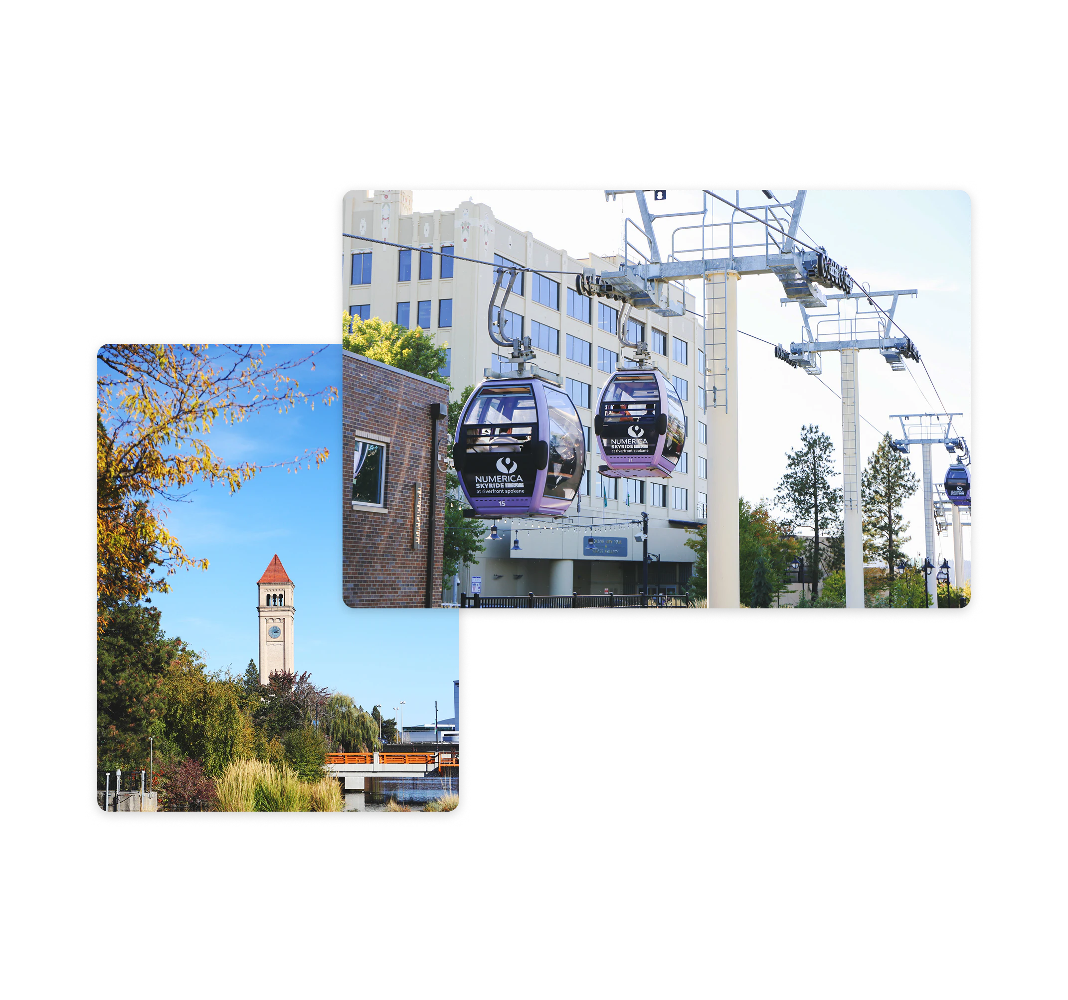 Collage image of Spokane Washington Riverfront Park clocktower and gondolas