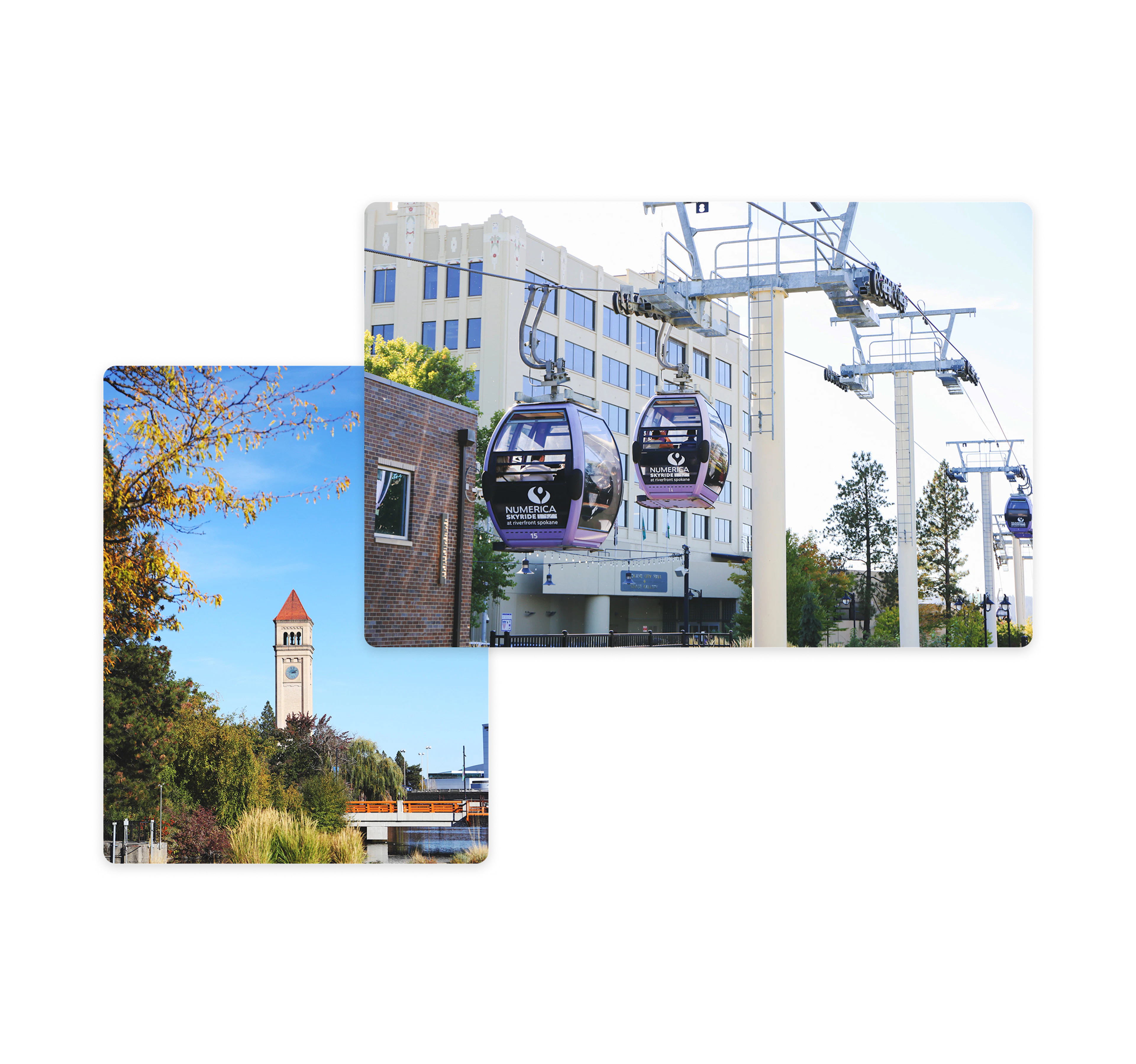 Collage image of Spokane Washington Riverfront Park clocktower and gondolas