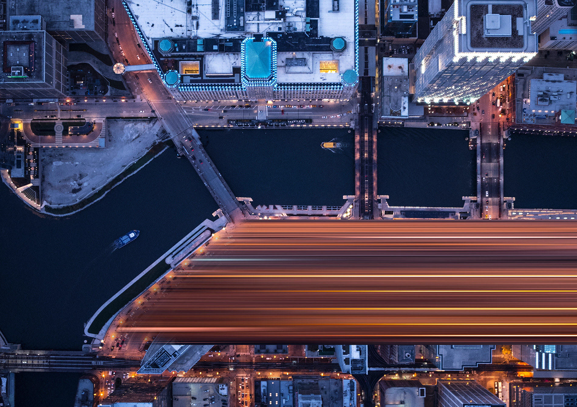 aerial view of Chicago river at night