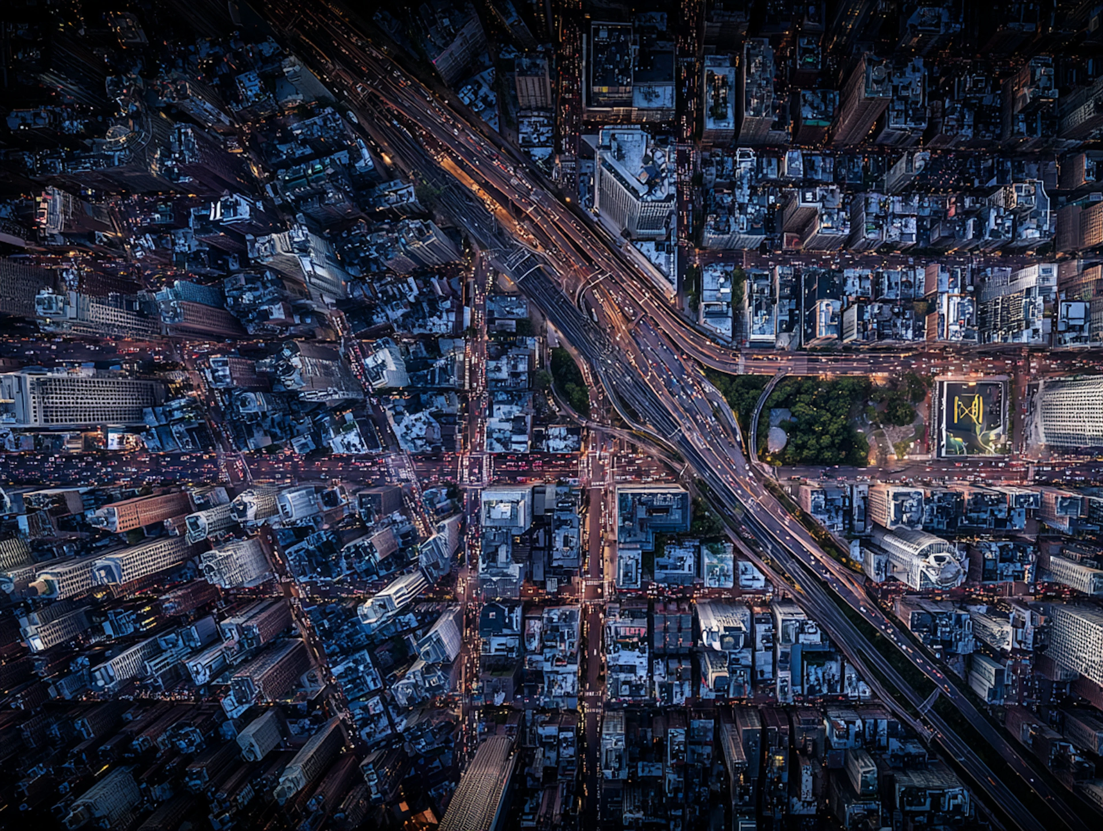 aerial view of city grid at night with road through the middle